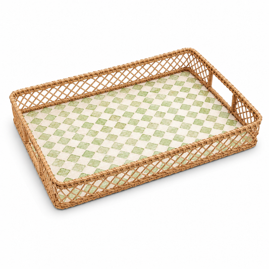 Large Mother of Pearl Decorative Tray with Woven Rattan Frame