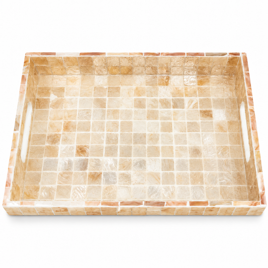 Medium Beige Mother of Pearl Decorative Tray – Rectangular Mosaic Tray with Handles