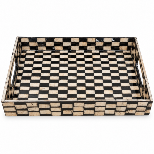 Medium Black Mother of Pearl Decorative Tray – Checkered Mosaic Tray with Handles