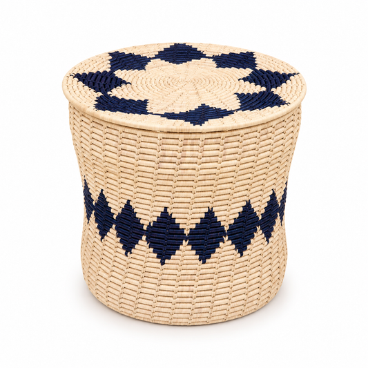 Natural Woven Storage Basket with Black Geometric Design – 16 x 16 Inch
