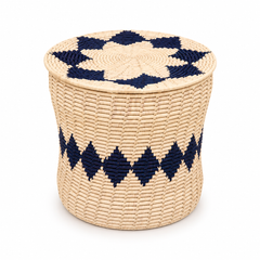 Natural Woven Storage Basket with Black Geometric Design – 16 x 16 Inch