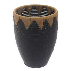 Medium Black Woven Laundry Basket with Natural Rope Rim – 12 x 12 x 17.5 Inch