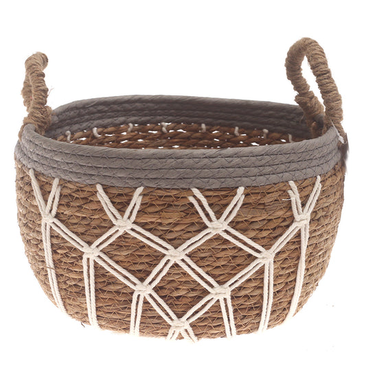 Large Woven Storage Basket Grey & White Rope Detail – 11 x 7.5 Inch
