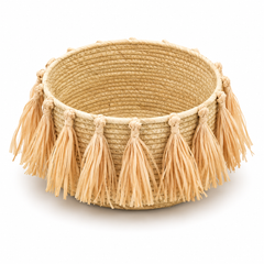 Large Natural Woven Storage Basket with Tassels – 11 x 8 Inch Decorative Basket