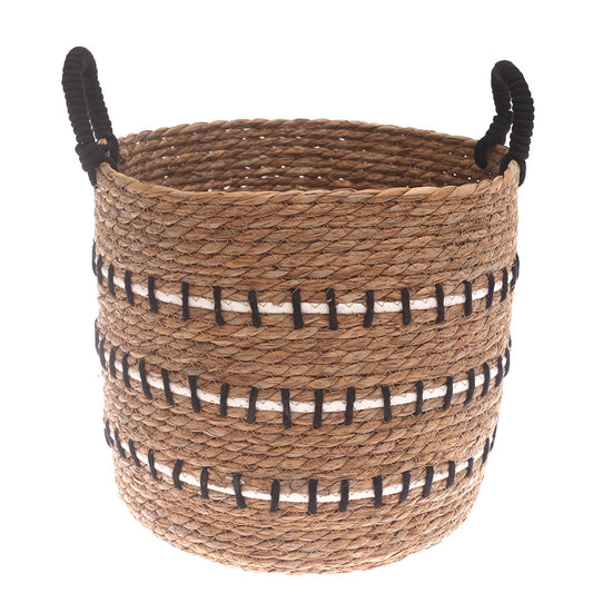 Large Natural Woven Storage Basket with Black & White Stripe Detail – 13.5 x 13.5 x 11.5 Inch