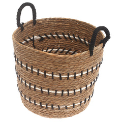 Large Natural Woven Storage Basket with Black & White Stripe Detail – 13.5 x 13.5 x 11.5 Inch