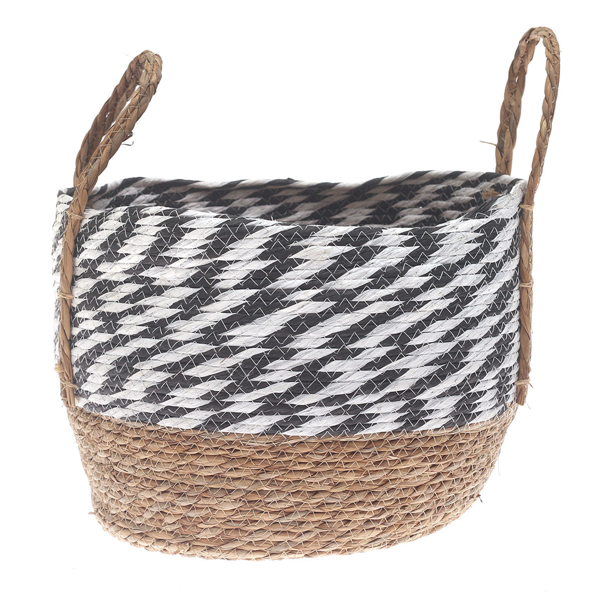 Large Natural & Black Woven Storage Basket with Handles – 16 x 16 x 12 Inch