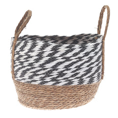 Large Natural & Black Woven Storage Basket with Handles – 16 x 16 x 12 Inch