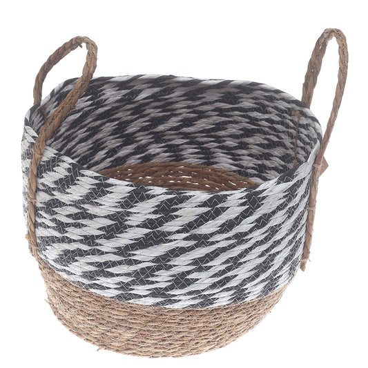 Large Natural & Black Woven Storage Basket with Handles – 16 x 16 x 12 Inch