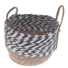 Large Natural & Black Woven Storage Basket with Handles – 16 x 16 x 12 Inch