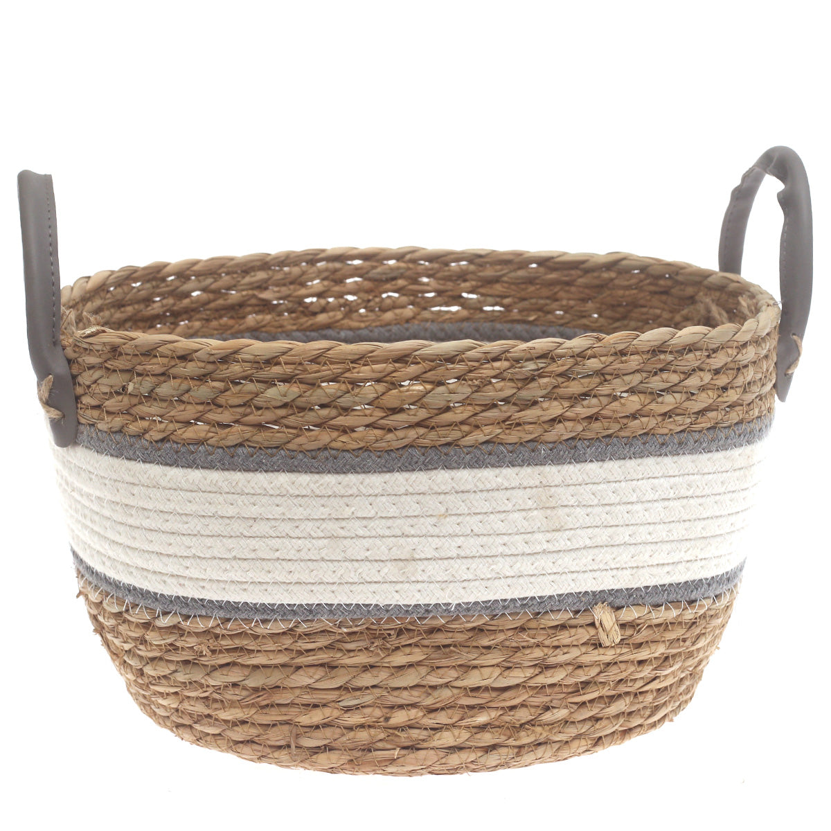Large Woven Storage Basket White & Grey Stripe Design – 12 x 12 x 8 Inch