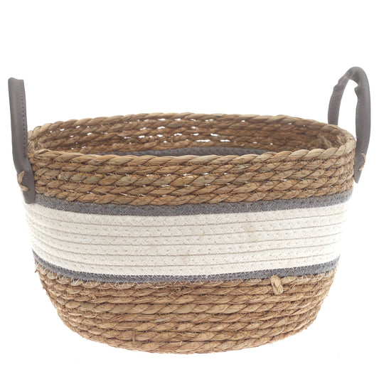 Large Woven Storage Basket White & Grey Stripe Design – 12 x 12 x 8 Inch