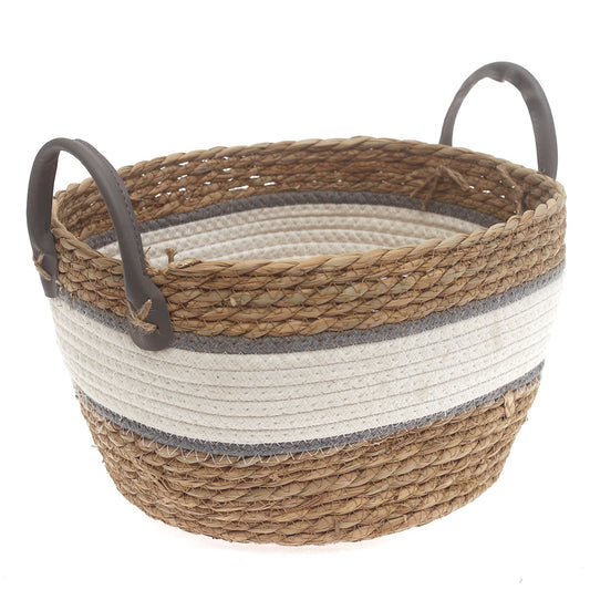 Large Woven Storage Basket White & Grey Stripe Design – 12 x 12 x 8 Inch