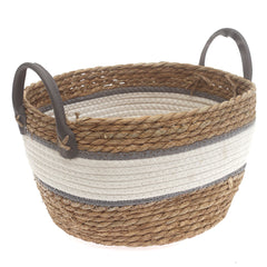 Large Woven Storage Basket White & Grey Stripe Design – 12 x 12 x 8 Inch
