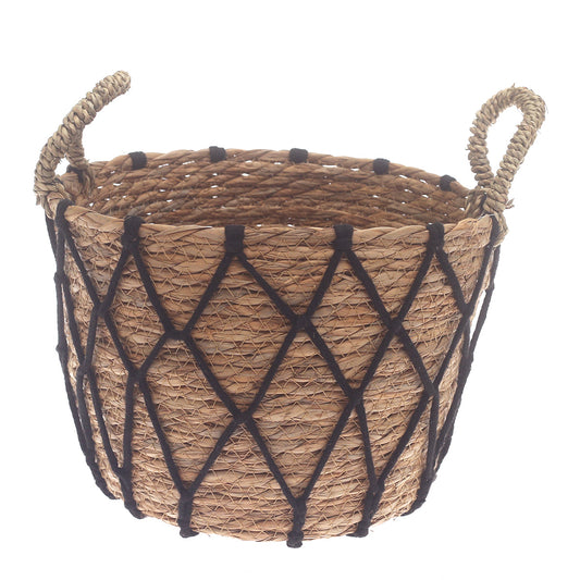 Medium Woven Storage Basket with Black Rope Detail – 11 x 11 x 8 Inch