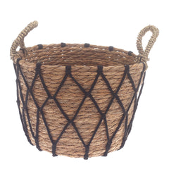 Medium Woven Storage Basket with Black Rope Detail – 11 x 11 x 8 Inch