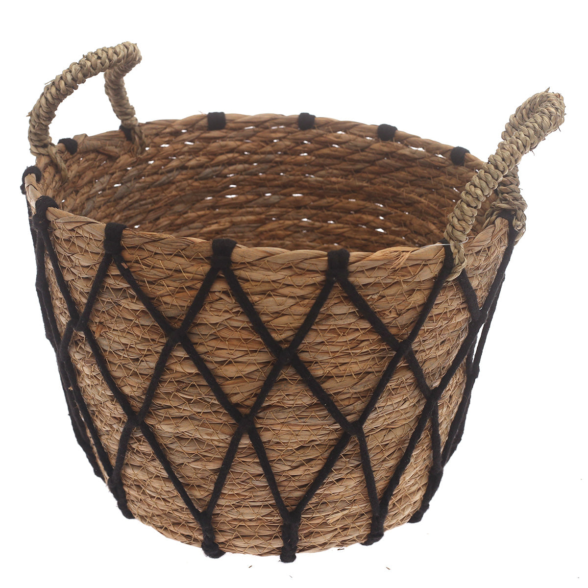 Medium Woven Storage Basket with Black Rope Detail – 11 x 11 x 8 Inch