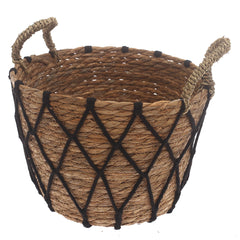 Medium Woven Storage Basket with Black Rope Detail – 11 x 11 x 8 Inch