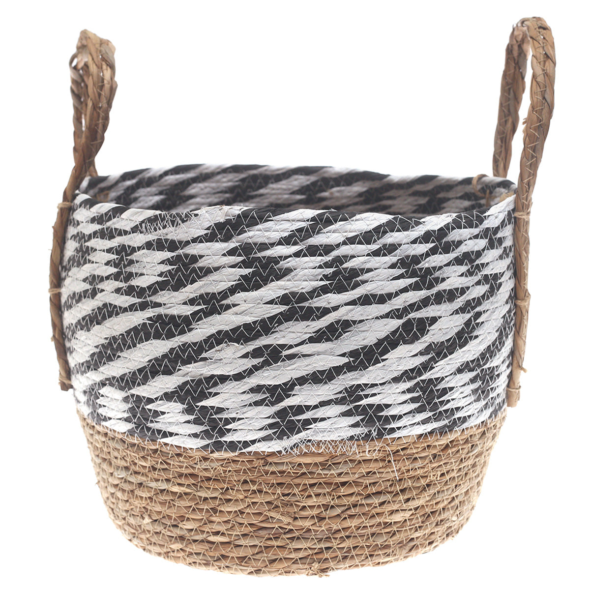 Medium Natural Woven Storage Basket with Black & White Pattern – 12 x 12 x 10 Inch
