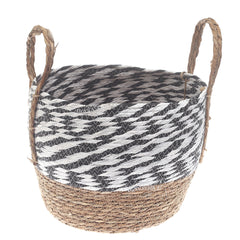 Medium Natural Woven Storage Basket with Black & White Pattern – 12 x 12 x 10 Inch
