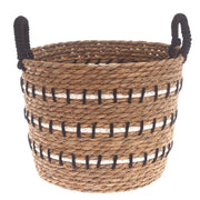 Medium Natural Woven Storage Basket with Black & White Stitch Detail – 12 x 12 x 9.5 Inch - Habitt