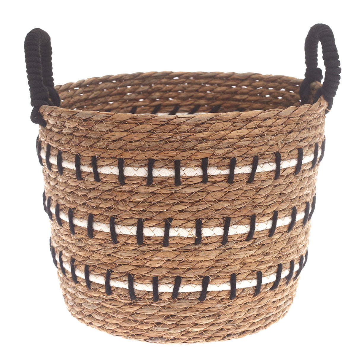 Medium Natural Woven Storage Basket with Black & White Stitch Detail – 12 x 12 x 9.5 Inch