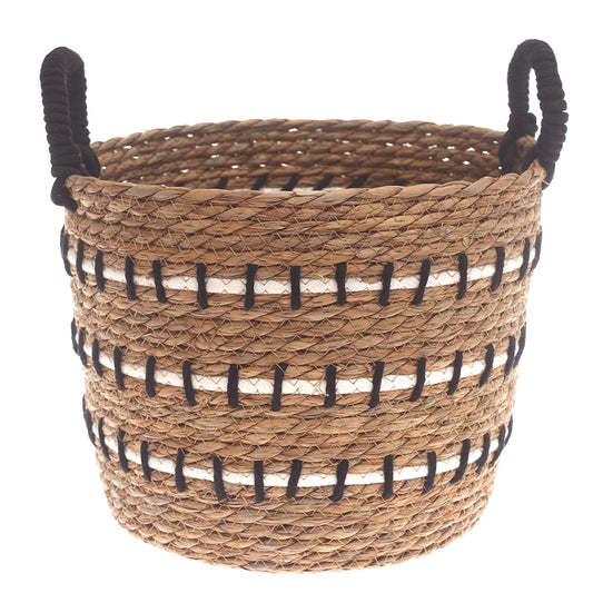 Medium Natural Woven Storage Basket with Black & White Stitch Detail – 12 x 12 x 9.5 Inch
