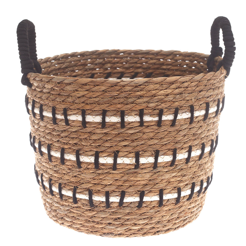 Medium Natural Woven Storage Basket with Black & White Stitch Detail – 12 x 12 x 9.5 Inch - Habitt