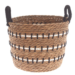 Medium Natural Woven Storage Basket with Black & White Stitch Detail – 12 x 12 x 9.5 Inch