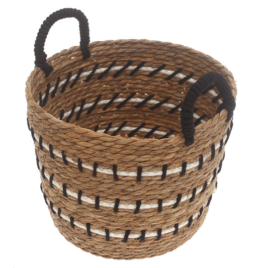 Medium Natural Woven Storage Basket with Black & White Stitch Detail – 12 x 12 x 9.5 Inch