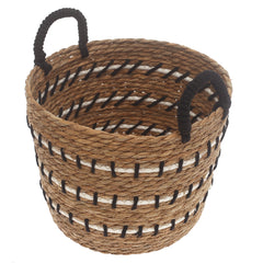 Medium Natural Woven Storage Basket with Black & White Stitch Detail – 12 x 12 x 9.5 Inch