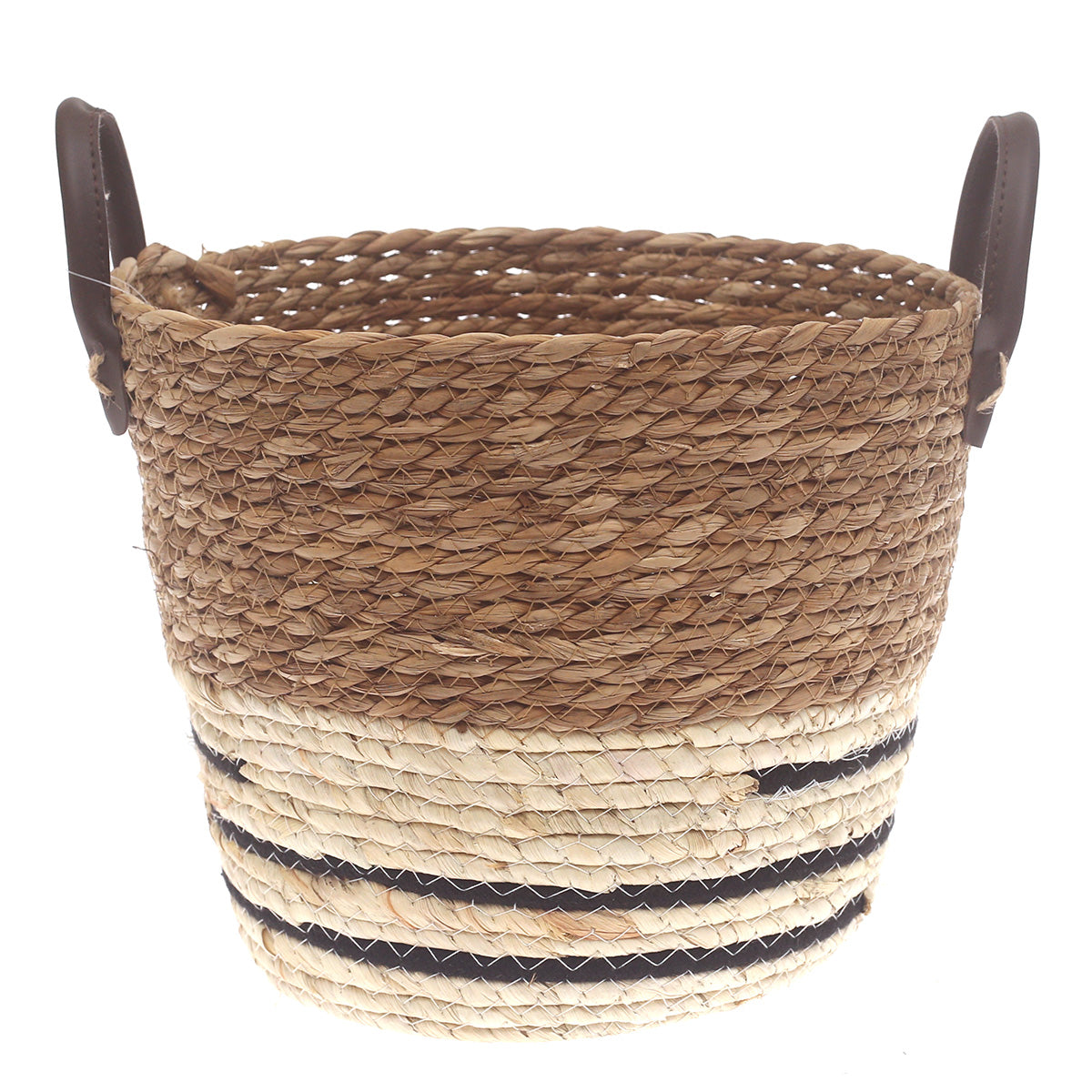 Medium Woven Storage Basket White & Black Stripe Design – 11 x 11 x 9 Inch