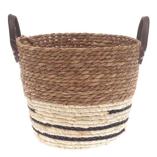 Medium Woven Storage Basket White & Black Stripe Design – 11 x 11 x 9 Inch