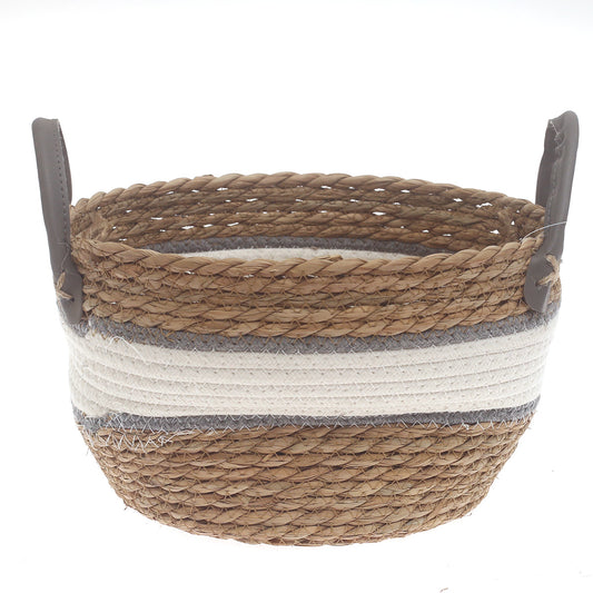 Medium Woven Storage Basket White & Grey Stripe Design – 11 x 7 Inch