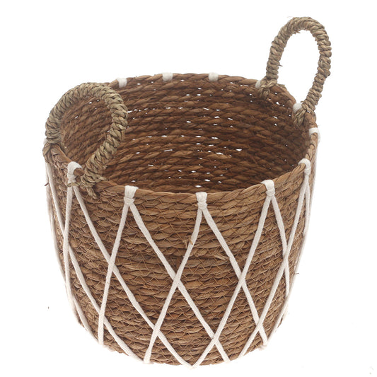Medium Woven Storage Basket with White Rope Detail – 10.5 x 10.5 x 8.5 Inch