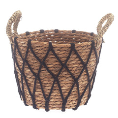 Small Woven Storage Basket with Black Rope Detail – 9 x 9 x 7 Inch