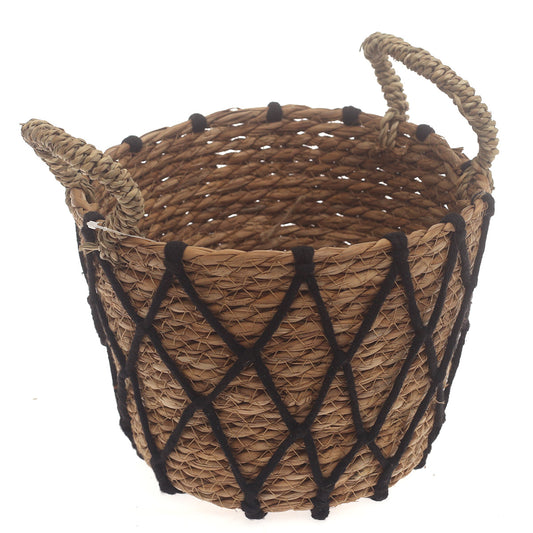 Small Woven Storage Basket with Black Rope Detail – 9 x 9 x 7 Inch