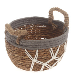 Small Woven Storage Basket Grey & White Rope Detail – 9 x 9 x 5.5 Inch