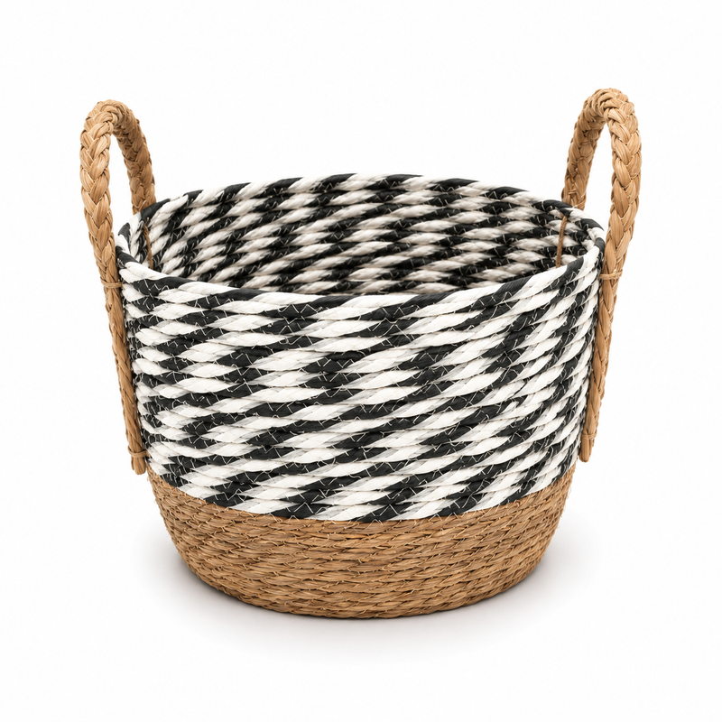 Storage Basket Small Natural 10 x 10 x 9 Inch – Black & White Woven Round Basket with Handles