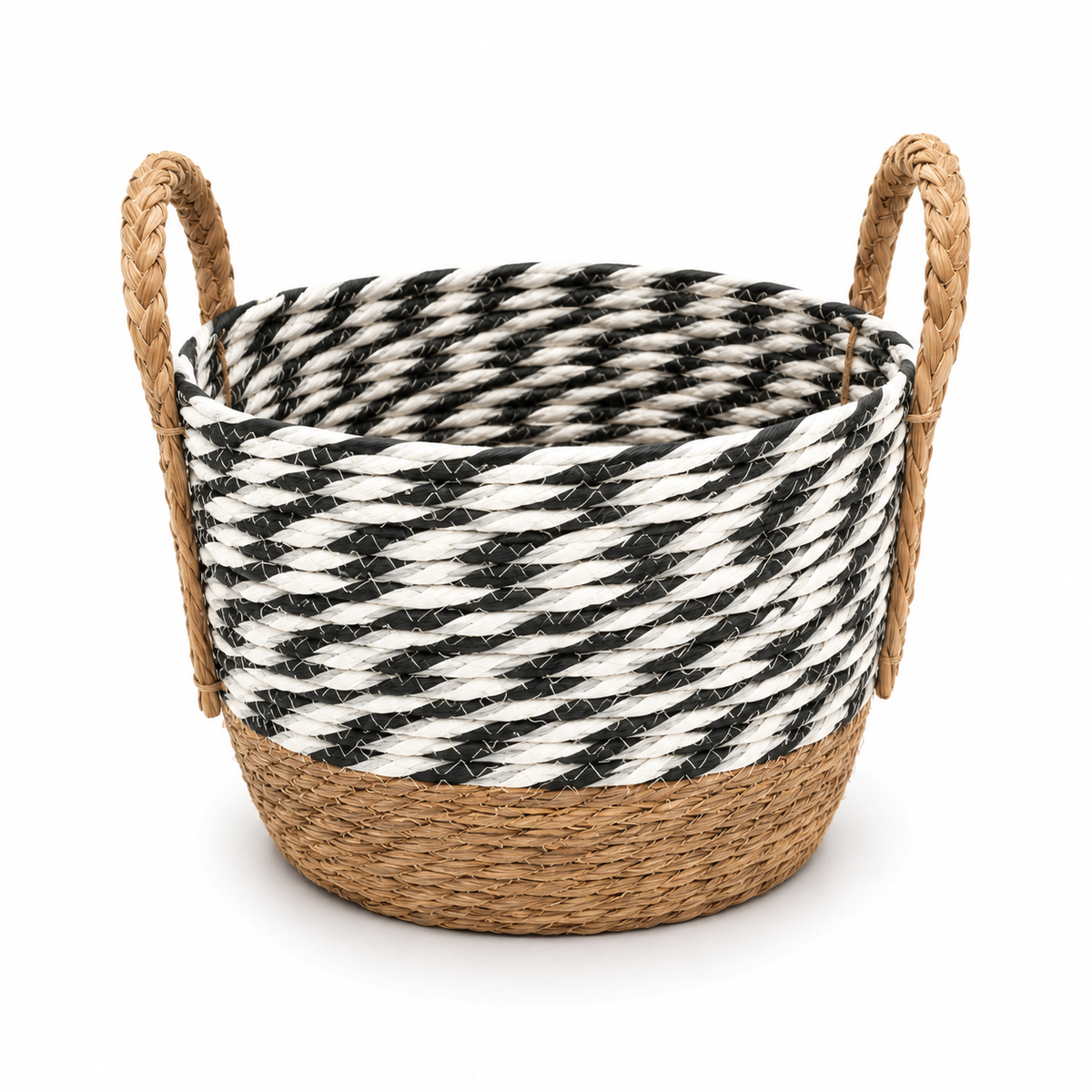 Storage Basket Small Natural 10 x 10 x 9 Inch – Black & White Woven Round Basket with Handles
