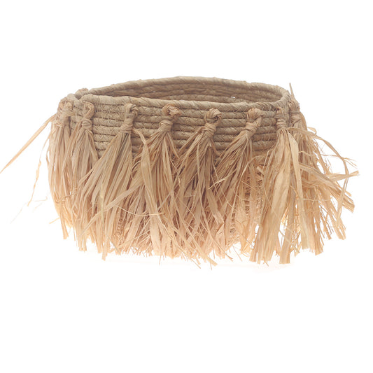 Small Natural Woven Storage Basket with Fringe Detail – 9 x 6.5 Inch