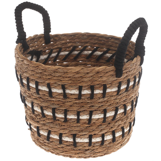 Small Natural Woven Storage Basket with Black & White Stitch Detail – 9 x 9 x 7.5 Inch