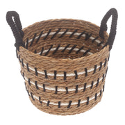 Small Natural Woven Storage Basket with Black & White Stitch Detail – 9 x 9 x 7.5 Inch - Habitt