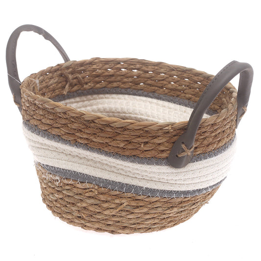 Small Woven Storage Basket White & Grey Stripe Design – 10 x 6 Inch