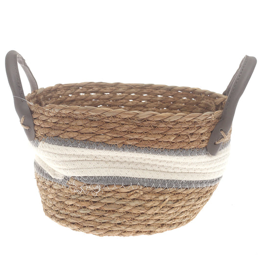 Small Woven Storage Basket White & Grey Stripe Design – 10 x 6 Inch