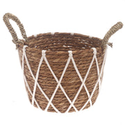 Small Woven Storage Basket with White Rope Detail – 9 x 9 x 7 Inch - Habitt