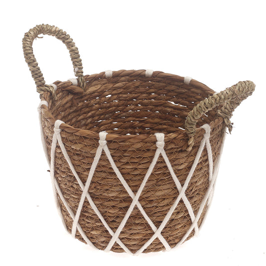 Small Woven Storage Basket with White Rope Detail – 9 x 9 x 7 Inch
