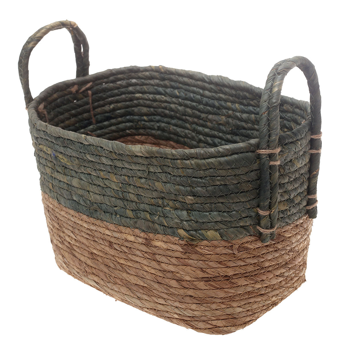 Handwoven Rectangular Green & Brown Basket with Dual Handles – Large Natural Fiber Storage Organizer - Habitt