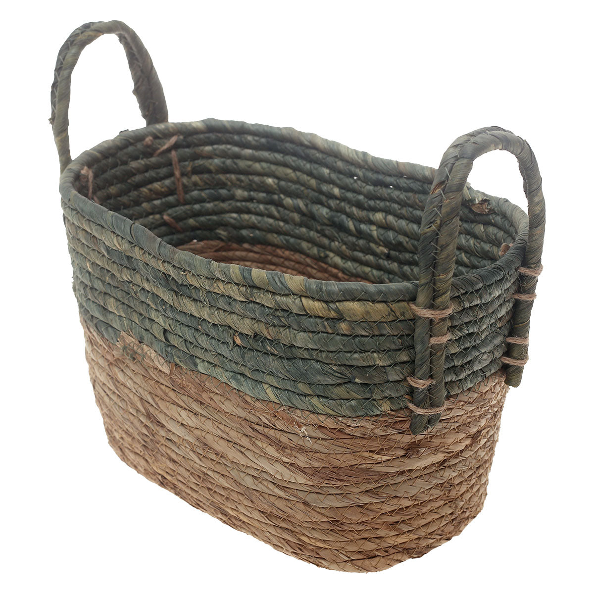 Handwoven Rectangular Green & Brown Basket with Dual Handles – Medium Natural Fiber Storage Organizer - Habitt