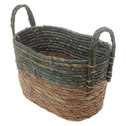 Handwoven Rectangular Green & Brown Basket with Dual Handles – Medium Natural Fiber Storage Organizer - Habitt